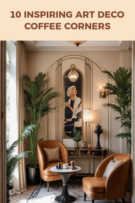 Art Deco-inspired coffee corner showcasing stylish leather chairs and elegant wall art captured in a single image, highlighting unique interior design. Art Deco Interior Design 1920, Art Deco Restaurant Interior, Art Deco Decor Living Room, Art Deco Foyer, Art Deco Interior 1920s, Art Deco Restaurant, Coffee Corners, Inspiration For Art, Art Deco Lounge