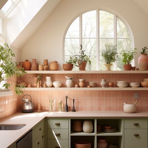 Peach Cabinets Kitchens, Sage And Pink Kitchen, Peach Cabinets, Terracota Kitchen Design, Pistachio Green Kitchen, Sage Green Kitchen Cabinets Terracotta Floor, Pink And Green Kitchen Ideas, Pink Green Kitchen, Sage And Terracotta Kitchen