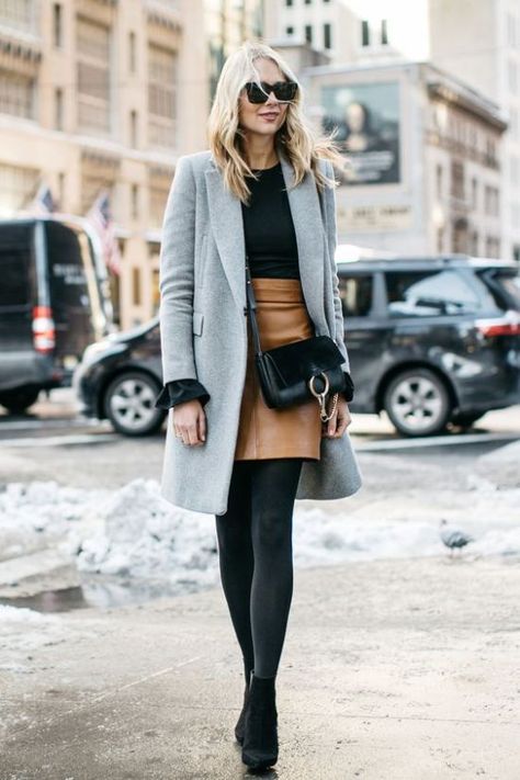 10 Winter Outfits With Boots You Need This Season #winter #winterfashion Tan Leather Skirt Outfit Winter, Tan Leather Skirt Outfit, Grey Dress Outfit, Grey Coat Outfit, 10 Winter Outfits, Tan Leather Skirt, Mantel Outfit, Perfect Winter Outfit, Gray Coat