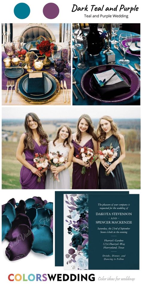 Teal Table Cloth, Wedding Dark Teal, Dark Teal Bridesmaid, Dark Teal Bridesmaid Dresses, Teal And Purple Wedding, Purple And Grey Wedding, Purple Flower Petals, Purple Table Runner, Dark Teal Weddings