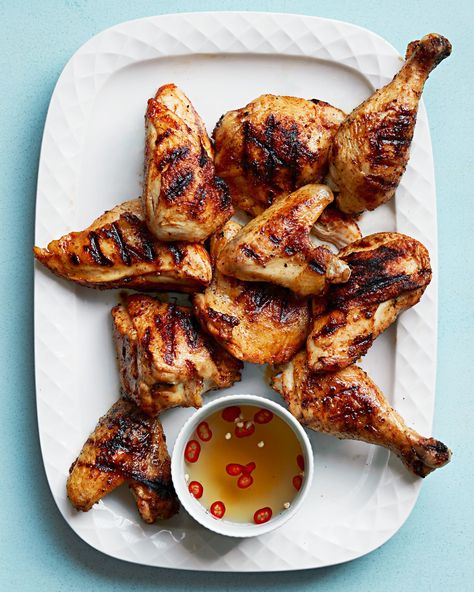 Smoky Grilled Chicken with Sweet Vinegar Sauce | A salty-sweet vinegar sauce is brushed over this spice-rubbed chicken as it comes off the grill for next-level flavor. #food #recipes #marthastewart #chickenrecipes #grillingrecipes Grilled Chicken Photography, Chicken Photography, Fourth Of July Recipes, Vinegar Sauce, Barbecue Chicken Recipe, Adobo Recipe, Homemade Barbecue Sauce, July Recipes, Healthy Grilling Recipes