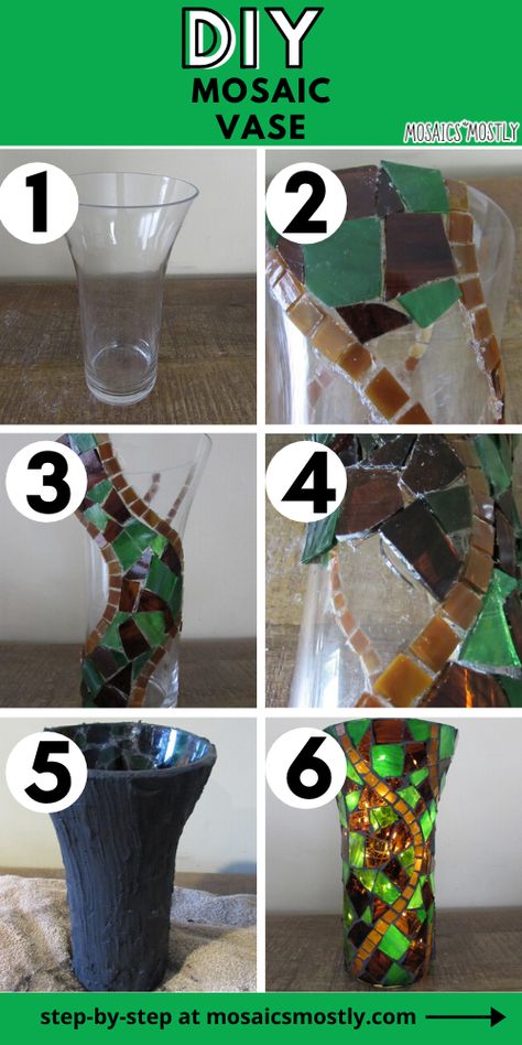 Mosaic On Glass Diy, Mosaic Bottles Ideas, Mosaic Vases Ideas, Glass On Glass Mosaic Ideas, Glass Mosaic Art Ideas, Stained Glass Scraps Ideas, Mosaic Vase Diy, Mosaic Projects Ideas, Easy Mosaic Patterns