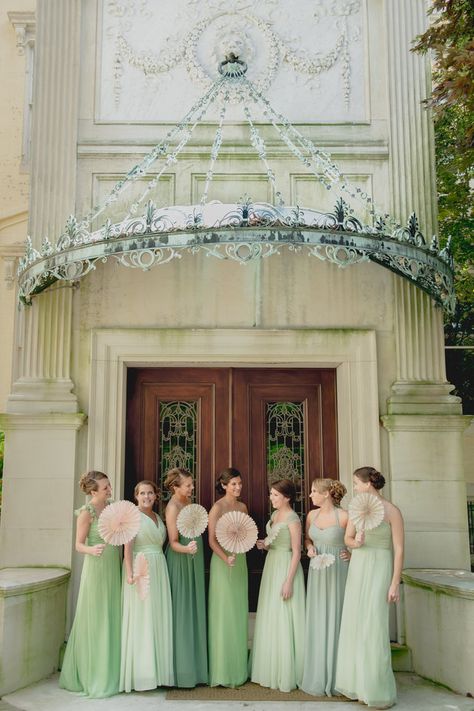 This bridal party is so pretty in ombre green dresses! | L Hewitt Photography Alternative Bridesmaid, Theme Green, Green Weddings, Ombre Wedding, Colors Wedding, Group Of Women, Baltimore Wedding, Green Dresses, Green Bridesmaid