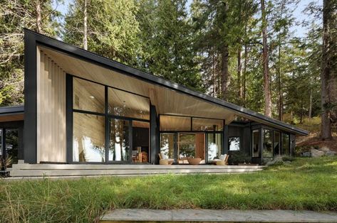 Angular black cabin in the woods of British Colombia is the peaceful haven nature lovers dream about - Yanko Design Slanted Roof, Black Cabin, Coastal Architecture, Cedar Cladding, Beach Cove, Fire Island, Bay House, Waterfront Property, A Frame House