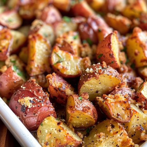 Garlic Parmesan Roasted Red Potatoes is a flavorful and easy-to-prepare side dish that combines the earthy taste of red potatoes with the rich flavors of garlic and Parmesan cheese. Roasted to perfection, these potatoes emerge from the oven with a crispy exterior and a tender, fluffy interior. This dish is an excellent accompaniment to a wide range of main courses, from grilled meats to vegetarian entrees, making it a versatile choice for any meal. Whether you're hosting a dinner party or ... Potato Skins Red Potatoes, Red Potato Crock Pot, Red Potatoes With Parmesan Cheese, Red Ranch Potatoes, Recipes With Red Potatoes Meals, Potato Recipes Red Potatoes, Parmesan Red Potatoes Baked, Oven Roasted Diced Potatoes, Greek Red Potatoes