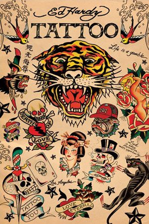 Sailor Jerry Tattoo Flash, Ed Hardy Tattoos, Ed Hardy Designs, Famous Tattoo Artists, Tattoo Posters, Sailor Jerry Tattoos, Old School Tattoo Designs, Traditional Tattoo Art, Classic Tattoo