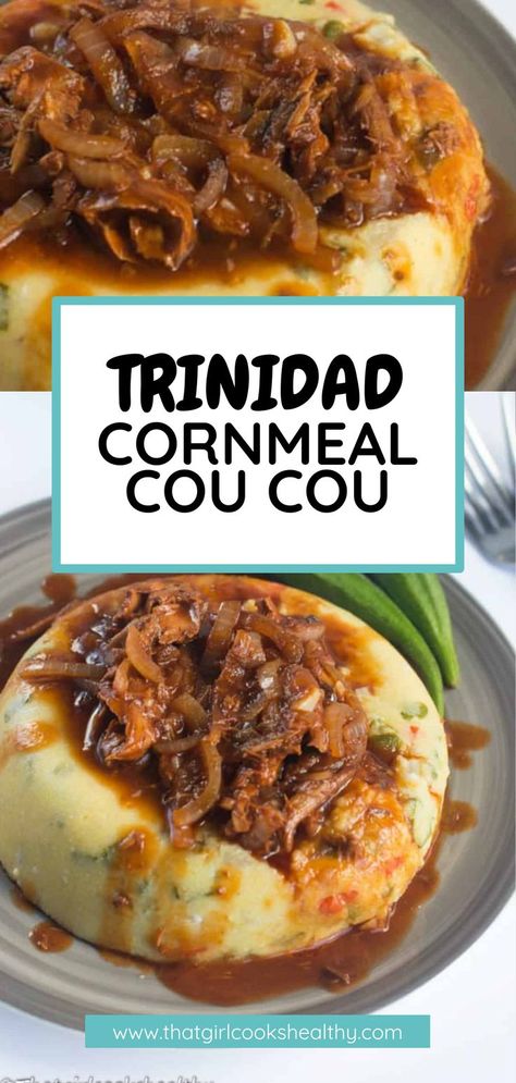 Trinidad Cornmeal Cou Cou with okra in a grey bowl. Cou Cou Recipe, West Indian Recipes, Quick Food Ideas, Caribbean Food Recipes, Free From Recipes, Caribbean Drinks, Trinidadian Recipes, Vegan Soul Food, Jamaican Dishes