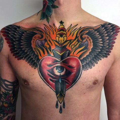 Chest Tattoo Designs For Men, Chest Tattoos For Men, Traditional Chest Tattoo, Traditional Chest, Husband Tattoo, Tattoo Leggings, Old School Ink, Care Bear Tattoos, Cool Chest Tattoos