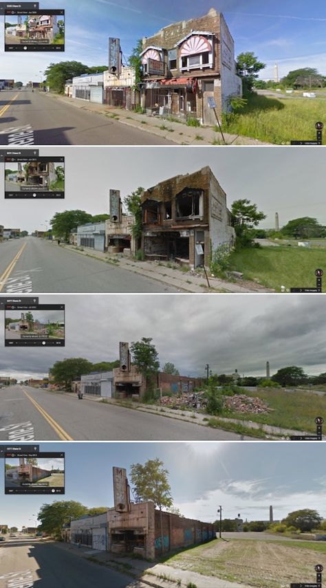 Tumblog Uses Google Street View to Show Detroit's Decline Over the Years Apocalyptic Wasteland, Abandoned Detroit, Abandoned Homes, Ghost House, Detroit Area, Vintage Michigan, Google Street View, Places On Earth, Abandoned Mansions