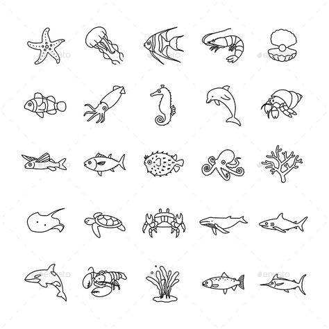 Minimal Marine Tattoo, Minimalist Animal Tattoo Ideas, Tiny Sea Animal Tattoo, Ocean Micro Tattoo, Outline Of Sea Animals, Sea Life Outlines, Small Marine Animal Tattoos, Tattoo Sea Creatures, Mini Tattoos Animals