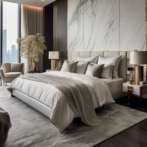 Soft lighting highlights the unique textures of the marble headboard. Marble Headboard, Marble Bedroom, Modern White Bedroom, Living Room Decor Lights, Wall Art Decor Bedroom, Aesthetic Living Room, Luxury Bedroom Design, Fancy Houses, Luxury Bedroom Master