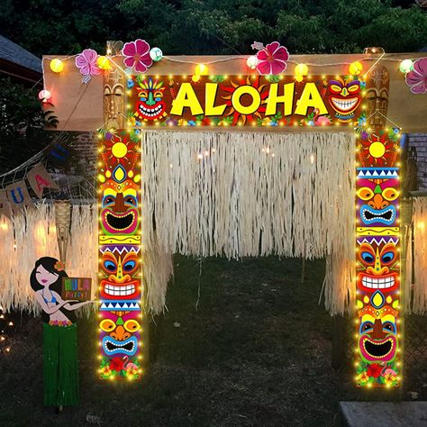 Lighted Tiki Banners Aloha Tropical Moana Flamingo Door Porch Signs Wall Hanging Decor Supplies(Not Include Battery) #summer #party #diytikidecoration #tiki #tikidecoration #diytiki Hawai Party, Hawaiian Luau Party Decorations, Jungle Background, Luau Decorations, Hawaii Theme, Hawaiian Party Theme, Luau Party Decorations, Aloha Party, Fest Temaer