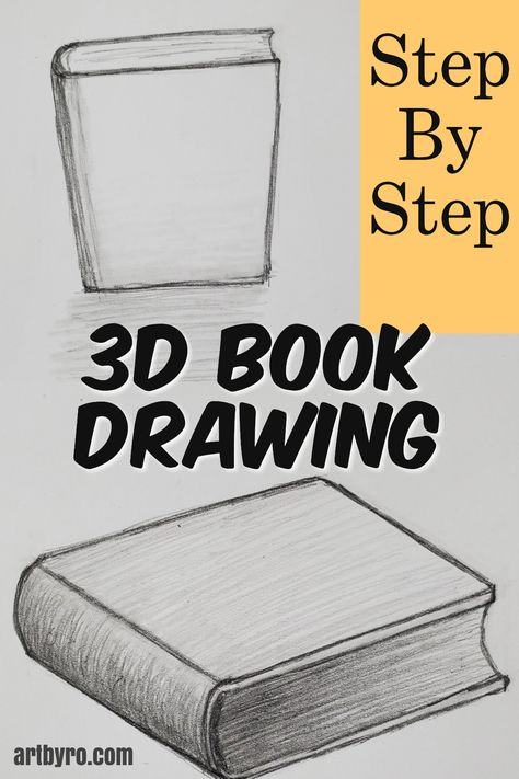 Learn to draw a 3D book. Step by step art tutorials for beginners. #learnart #art #drawing 3d Book Drawing, Books On Shelf Drawing, Book Painting Easy, How To Draw An Open Book, How To Draw A Book Step By Step, 3d Pencil Drawings Step By Step, How To Draw A Book, Book Pencil Drawing, Book Drawing Easy