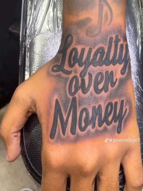 Loyalty Over Money Tattoo, Hood Tattoo For Men Hand, Cool Tattoos For Guys With Meaning, Black Men Neck Tattoo Ideas, Hood Hand Tattoos, Hand Tattoos For Black Men, Otf Tattoo Tat, Tattoos For Black Men, Small Hand Tattoos For Guys