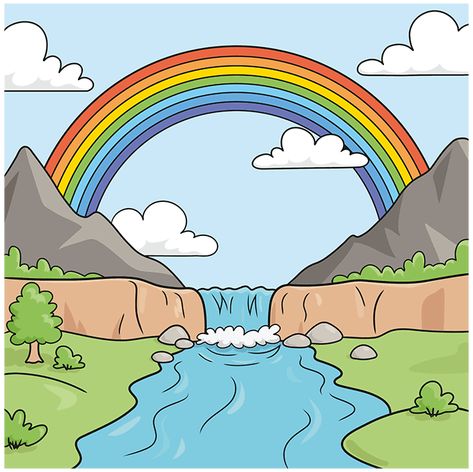 Rainbow Drawing Ideas, Rainbow Scenery, Landscape Drawing For Kids, Nature Drawing For Kids, Easy Nature Drawings, Park Drawing, Landscape Drawing Tutorial, Landscape Drawing Easy, Scenery Drawing For Kids