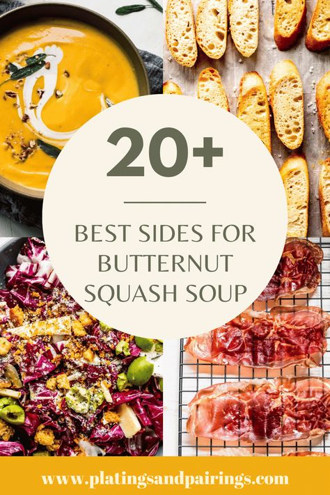 Wondering what to serve with butternut squash soup? I’ve got you covered with this handy guide of 20+ tasty side dish recipes. Butternut Squash Soup Side Dishes, Butternut Squash Soup Toppings, Sides For Butternut Squash Soup, Butternut Squash Pairings, What To Eat With Squash Soup, Butternut Squash Soup Pairing, What To Eat With Butternut Squash Soup, What To Serve With Butternut Squash, What Goes With Butternut Squash