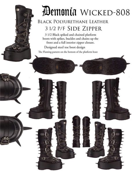 Demonia Wicked-808 Spiked and Chained 4" Platform Boots Megamind Boots, Megamind Cosplay, Rock Grunge Outfits, Boots With Spikes, Goth Platform Boots, Alt Shoes, Steel Boots, Goth Platforms, Boots Diy