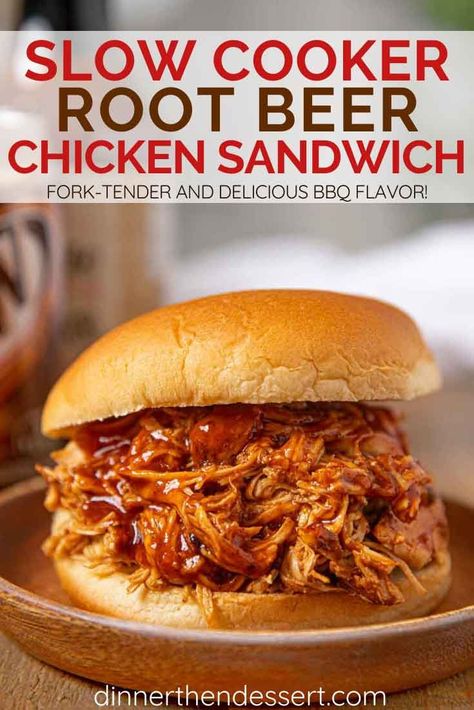 Slow Cooker Root Beer BBQ Chicken is an easy weeknight meal or party food made with root beer, barbecue sauce. Perfect for Sandwiches, tacos & more. #slowcooker #crockpot #chicken #pulledchicken #slowcookerchicken #rootbeer #dinnerthendessert Root Beer Chicken, Dinner Experience, Bbq Sauce Chicken, Bbq Chicken Sandwich, Slow Cooker Bbq Chicken, Barbeque Chicken, Beer Chicken, Bbq Chicken Crockpot, Slow Cooker Bbq