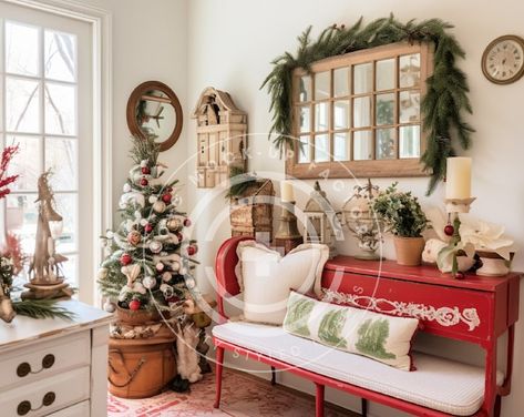 French Country Cottage Christmas Entryway, Multi-use Stock Image Mockup Photo. Perfect to Add Your POD Holiday Items To. Holiday Photo Image - Etsy The Shabby Home, Christmas Bench Decor, French Country Christmas Decorating, Christmas Bench, Country Cottage Christmas, Cottage Christmas Decor, French Country Cottage Christmas, Cottage Entryway, Red Bench