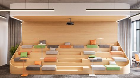 Office Interior design | Behance :: Behance Modern Office Space Design, Mall Facade, Interior Design Behance, Classroom Interior, Tiered Seating, Presentation Board Design, Collaborative Workspace, Modern Office Space, Modular Office