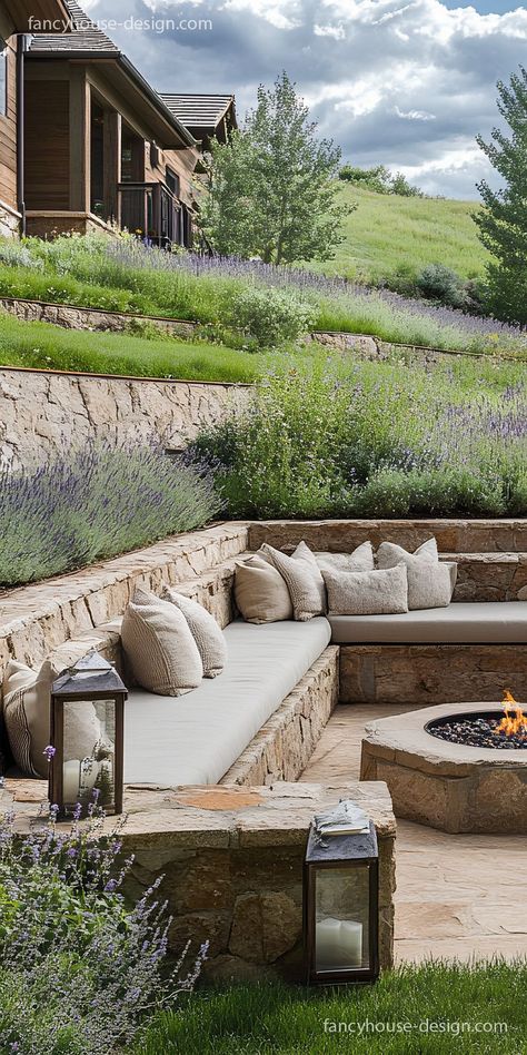 A tranquil backyard patio with sunken seating and layered textures and soft cushions offers a serene escape from busy days. Diy Backyard Patio Ideas, Guest House Exterior, Sunken Seating Area, Natural Fire Pit, Sunken Fire Pit, Sunken Seating, Sunken Patio, Vineyard Home, Ibiza Villa