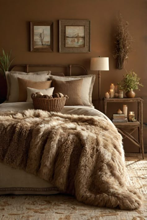 Desert Paint Colors Sherwin Williams, Cozy Desert Home, Cozy Tan Bedroom, Warm Brown Bedroom Ideas, Nomadic Desert Sherwin Williams, Nomadic Desert Paint, Brown Paint Colors Bedroom, Canyon Clay Sherwin Williams, Stairwell Update