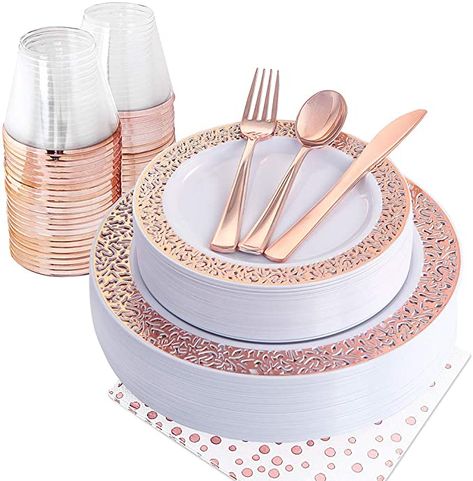 Amazon.com: NERVURE 175PCS Rose Gold Plastic Plates & Plastic Silverware & Rose Gold Cups, 25 Disposable Plates Setting: 25 Dinner Plates, 25 Dessert Plates, 25 Forks, 25 Knives, 25 Spoons, 25 Cups, 25 Napkins: Kitchen & Dining Rose Gold Silverware, Fancy Salads, Gold Plastic Plates, Gold Silverware, Rose Gold Lace, 30th Party, Plastic Silverware, Plastic Dinnerware, Rose Gold Party