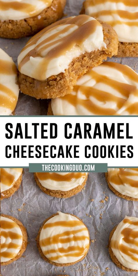 Close up of crumble salted caramel cheesecake cookies. Caramel Cheesecake Cookies, Crumble Cookie Recipe, Cheesecake Frosting, Salted Caramel Cheesecake, Dinner Recipes Easy, Caramel Cheesecake, Cheesecake Cookies, Easy Baking Recipes Desserts, Tasty Baking