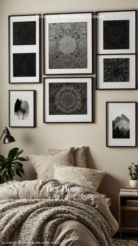 A cozy dorm room wall adorned with minimalist black-and-white framed art prints featuring abstract designs and inspirational quotes, set against a neutral-colored background. Behind Bed Wall Decor, Bed Wall Decor, Art At Home, Instant Gratification, Bed Wall, Beautiful Art, Art Ideas, Printable Wall Art, At Home