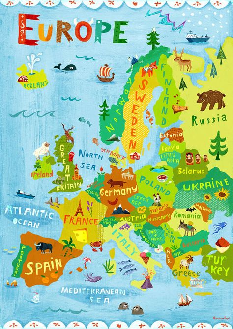 Map Of Europe, Illustration Kunst, Diy Hack, Cheap Places To Travel, College Board, Animal Illustrations, Voyage Europe, Europe Map, Kids Room Wall Art