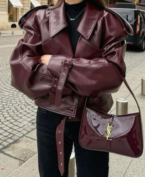 Burgundy Leather Jacket Outfit Women, Chic Burgundy Leather Jacket For Winter, Chic Burgundy Leather Jacket, Burgundy Blazer Outfit, Faux Leather Jacket Outfit, Wine Red Leather Jacket, Luxury Burgundy Leather Jacket, Maroon Leather Jacket, Burgundy Leather Jacket