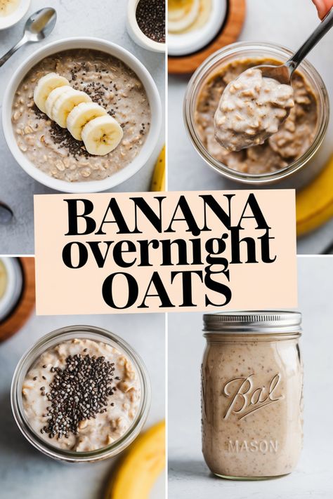 Banana overnight oats in a bowl, topped with banana slices, and in a mason jar with chia seeds. Healthy Overnight Oats Recipes, Vanilla Overnight Oats Recipe, Bfast Idea, 21 Day Fix Overnight Oats, Overnight Oats Banana, Night Before Breakfast, Healthy On The Go Breakfast, Banana Overnight Oats Recipe, Easy Meal Prep Breakfast