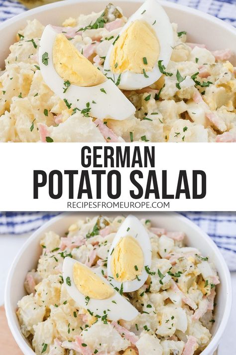 Looking for the best potato salad recipe? This creamy German potato salad is packed with potato and egg, as well as meat, pickles, and mayo! #germanrecipes #potatosalad German Potato Salad With Egg, Creamy German Potato Salad, German Recipes Dinner, Authentic German Potato Salad, German Meat, The Best Potato Salad, Easy German Recipes, Best Potato Salad, German Potato Salad Recipe