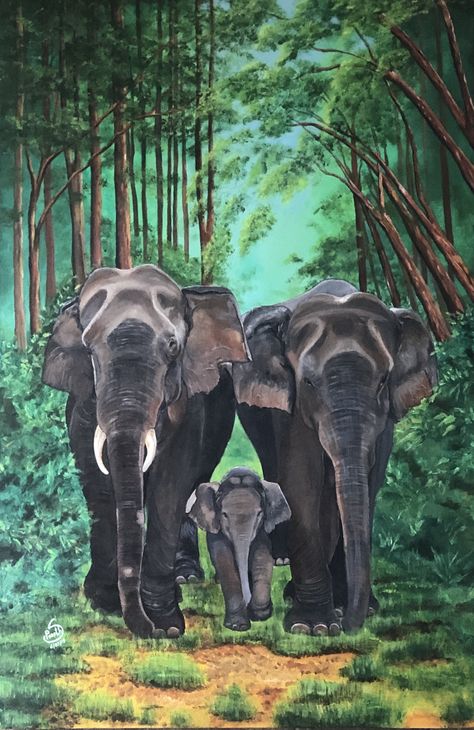 The hulking masses with their majesty and finest emotions - Elephants, so beloved!😍😍 I don’t remember how many times I would have tried to draw the elephant painting that hung on the wall of our living room as a child ... a Guruvayur aana on a bamboo mat !! Fond memories that I cling on to... #paintingsforsale 😍. #acrylicsoncanvas 24”X36” Acrylics on Canvas Wildlife Project Cover Page Ideas, Painting Ideas On Canvas Elephant, Elephants Drawing, Painting Of Elephant, Elephant Acrylic Painting, Elephant Canvas Painting, Elephants Painting, Elephant Paintings, Elephant Painting Canvas