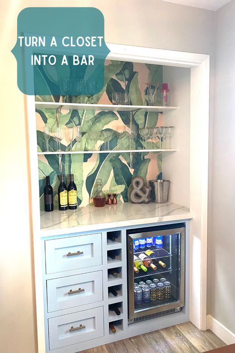 Turning A Closet Into A Bar, Closet To Bar Conversion, Closet Turned Into Bar, Closet Into A Bar, Closet Bar Ideas, Media Closet, Converted Closet, Dry Bar Ideas, Closet Conversion