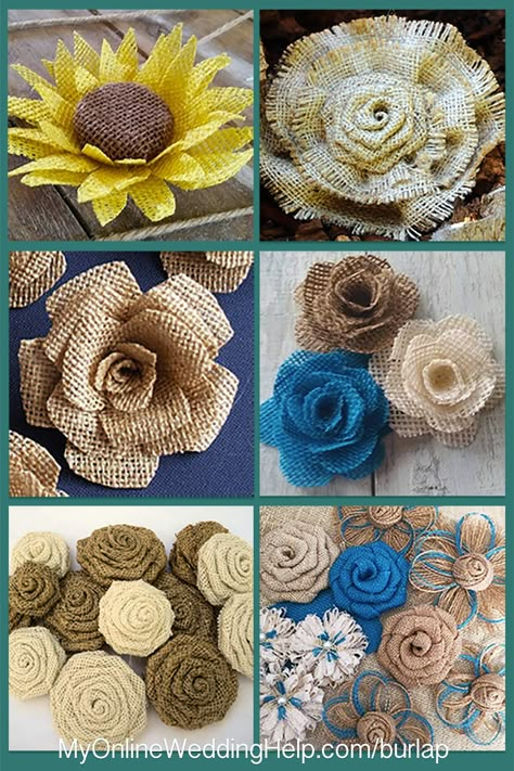 If you do not have time or know-how to do it yourself, an alternative to DIY is buy. Here are some different styles of rustic burlap flowers based on different ideas of what a burlap wedding flower should look like. All are available to purchase. There are links to each on the blog page at My Online Wedding Help. Just click through the pin and scroll to the section after the tutorial. #BurlapWedding #MyOnlineWeddingHelp #RusticWedding #RusticWedding #RusticWeddingIdeas Flowers Out Of Burlap, Making Burlap Flowers, Burlap Ribbon Flowers Diy, How To Make Burlap Flowers, Burlap Flowers Diy Easy, Diy Burlap Flowers, Burlap Flower Tutorial, Burlap Bouquet, Burlap Roses