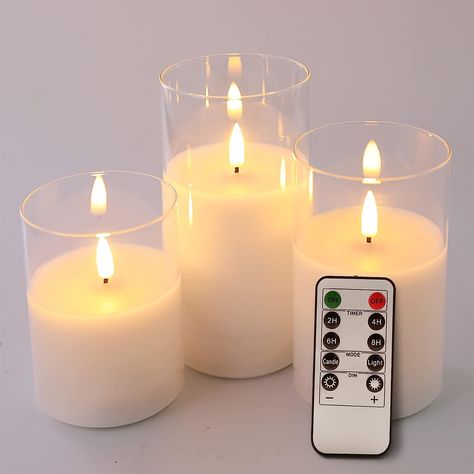 Eywamage Clear Glass Flameless Candles with Remote, Flickering Realistic LED Battery Pillar Candles Φ 3" H 4" 5" 6" Fake Candles, Electronic Candles, Battery Candles, Led Pillar Candle, Led Candle Lights, Flameless Led Candles, Flickering Lights, Battery Operated Candles, Flickering Candles