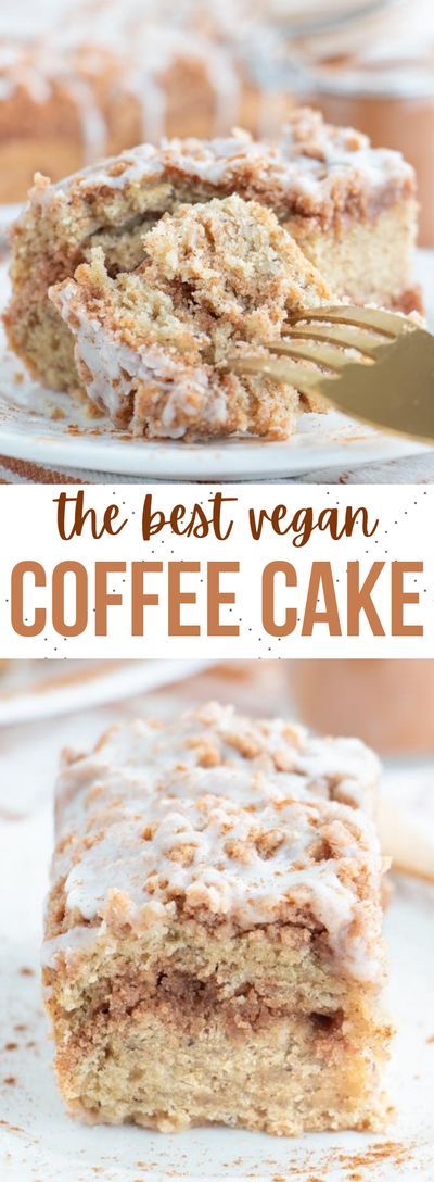 The best ever vegan coffee cake recipe with a brown sugar and cinnamon crumb topping, moist cake center and light and sweet glaze on top! #vegancoffeecake #vegancake #vegandesserts #coffeecake Vegan Cake Recipes Vanilla, Vegan Coffee Cake Recipe, Vegan Cake Recipes Birthdays, Vegan Cake Frosting, Vegan Coffee Cake, Crumble Cake Recipe, Banana Coffee Cakes, Cinnamon Filling, Easy Vanilla Cake Recipe