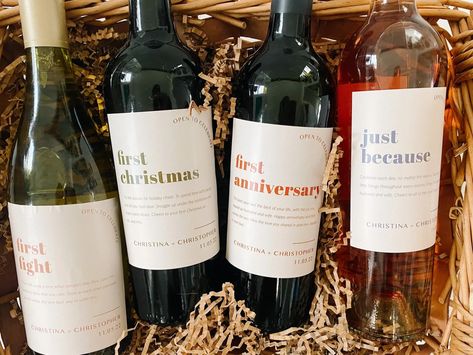 DIY Wedding Gift: A Year of Firsts Wedding Gift Basket - Women of Today Wedding Gift For Friend Marriage, Year Of Firsts Wine Basket, Newlywed Gift Basket, Wine Wedding Gift, Wedding Milestone Wine Labels, Wedding Gift Wine Labels, Milestone Wine, Wedding Gifts For Newlyweds, Colorful Wedding Bouquet