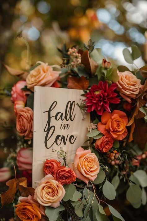 Fall in Love Bridal Shower Welcome Sign October Wedding Shower Theme, Fall Bridal Shower Table Centerpieces, Bridal Shower Decor Fall, Fall In Love Bridal Shower Centerpieces, Bridal Shower Themes For October, Fall In Love Theme Bridal Showers, Fall Bridal Shower Photo Backdrop, Fall Theme Bridal Shower Decorations, Bridal Shower Fall In Love