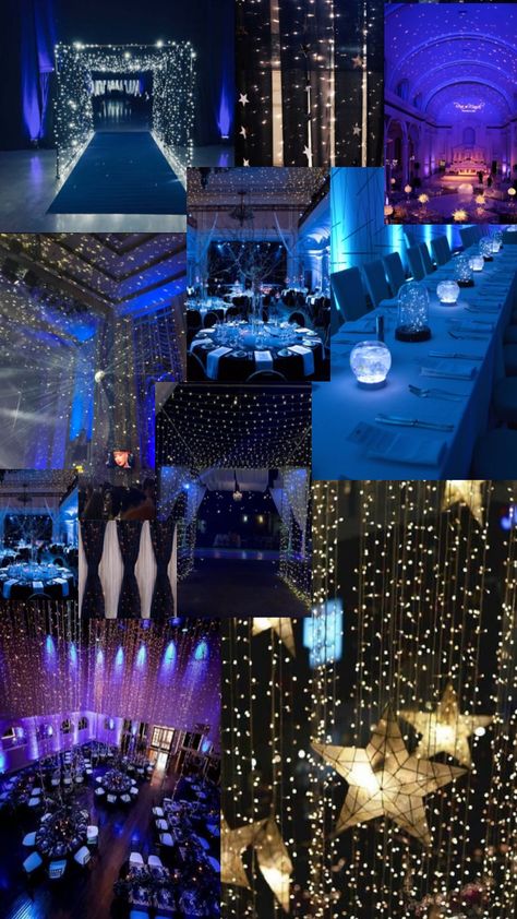 Prom Themes Starry Night, Under The Stars Quinceanera Theme, Blue Quinceanera Theme, Starry Night Prom, Celestial Wedding Theme, Arabian Nights Theme, Prom Planning, Gala Themes, Prom Themes