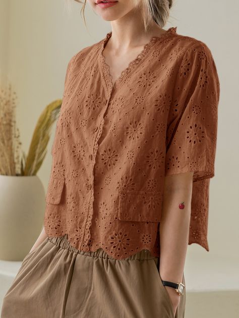 DAZY Eyelet Embroidery Flap Detail Button Front Blouse Lace Blouse Styles, Western Tops For Women, Mode Batik, Cotton Short Tops, Lace Blouse Design, Stylish Tops For Women, Long Skirt Outfits, Bell Design, Fashion Top Outfits