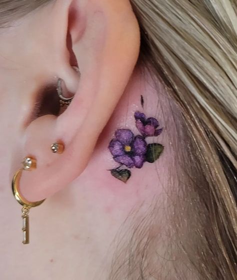 Two Violets Tattoo, Violet Tattoo Behind Ear, Violet Flower Tattoo Behind Ear, Violet Flower Tattoo Traditional, African Violet Tattoo Black And White, Delicate Violet Flower Tattoo, African Violet Tattoo, Violets Tattoo, Violet Tattoo Flower