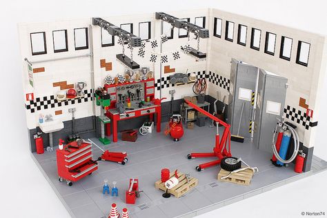 GARAGE LIFE - OLDTIMER VOLKSWAGEN "SERVICE AND REPAIR" WORKSHOP | Flickr - Photo Sharing! Car Garage Ideas, Lego Volkswagen, Lego Garage, Lego Workshop, Lego Auto, Fuel Station, Lego Decorations, Auto Garage, Lego Furniture