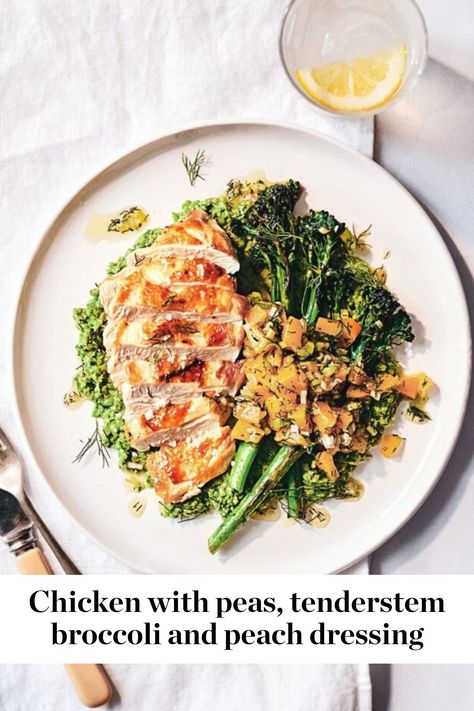 This quick and healthy chicken recipe is packed with fresh, summery ingredients like juicy peaches and crushed peas. It’s ideal for a speedy weeknight dinner or make-ahead lunch. Peach Dressing, Chicken With Peas, Healthy Chicken Recipe, Tenderstem Broccoli, Favorite Recipes Chicken, Seasonal Cooking, Make Ahead Lunches, Summer Recipes Dinner, Delicious Magazine