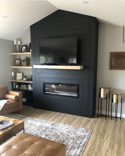 Black Wooden Fireplace, Fireplace One Side Built In, Reclaimed Wood Tv Wall, Chimney Accent Wall, Black And Wood Fireplace Wall, Tv Accent Wall With Windows, Tv Wall No Fireplace Living Rooms, Black Wall Tv Living Room, Navy Shiplap Fireplace