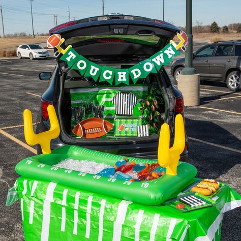 Host a top-notch football party for up to 16 of your nearest and dearest! This football party decorating kit can help set a winning scene whether you're cheering on your favorite team or hosting a football-themed birthday party. Just add finger foods! (248 pcs. per unit)Includes:o 210-Pc. Plastic Cutlery Sets for 70 (Includes 70 of each: forks, knives and spoons. Approx. 6" each.)o 1 Plastic Football Field Tablecloth Roll (Disposable. Arrives folded in half on a 20" roll. 40" x 100 ft.)o 16 Paper Game On Football Dinner Plates (12" x 9 1/2" Not microwave safe.)o 1 Foil Football Tabletop Fountain (Includes plastic base. 20")o 1 Cardstock Football Touchdown Garland (8 ft.)o 16 Paper Game On Football Beverage Napkins (5" Not microwave safe.)o 1 Vinyl Inflatable Football Buffet Cooler (Inflate Trunk Or Treat Tailgate Theme, Trunk Or Treat Football Theme, Football Themed Trunk Or Treat, Football Trunk Or Treat, Football Field Tablecloth, Football Dinner, Football Tray, Trunker Treat Ideas, Football Tailgate Party