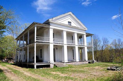 For sale in Upstate NY: Bargain mansion for $199,900 with carriage house on 16 acres - newyorkupstate.com Family Mansion, Leaded Glass Windows, Acres Of Land, Glamping Site, Corner Sink, Standing Seam, Wooden Windows, Travertine Tile, Greek Revival