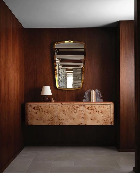 BOERUM HILL • Instagram Modern Art Deco Home, Burled Wood Furniture, Leather Mirror, Art Deco Home, French Interior, Wood Console Table, Wood Console, Entry Foyer, Bespoke Furniture