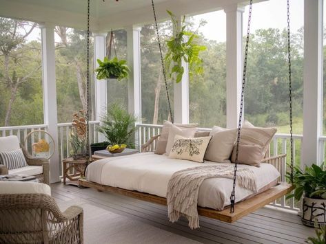 15 Screened Porch Ideas That Extend Your Living Space Outdoors Sleeping Porch Enclosed, French Country Screened In Porch, Swinging Bed Porch, Free Standing Screened Porch, Hanging Daybed Outdoor, Porch Off Bedroom, Bed Swing Porch, Screened In Porch And Deck, Bed Porch Swing